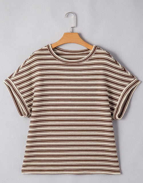 Load image into Gallery viewer, Stripe Textured Side Slit Crew Neck T-Shirt
