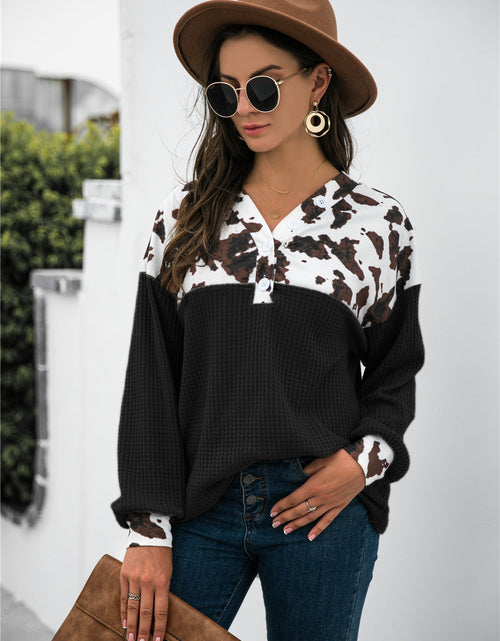 Load image into Gallery viewer, Animal Print Color Block Waffle-Knit Top
