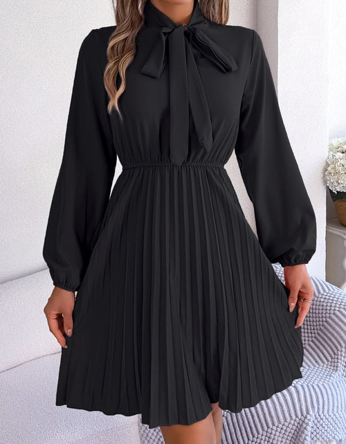 Load image into Gallery viewer, Tie Neck Balloon Sleeve Pleated Dress
