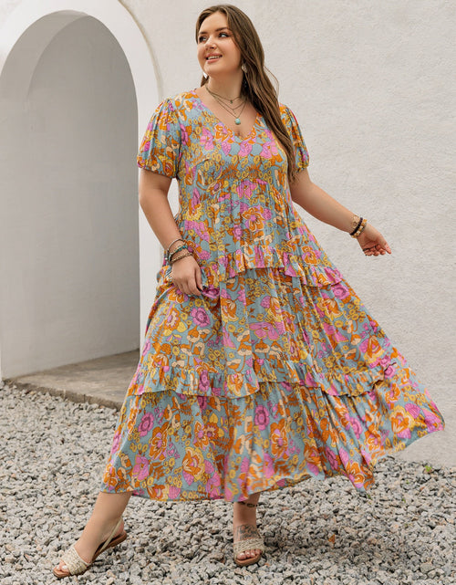 Load image into Gallery viewer, Plus Size Printed V-Neck Short Sleeve Maxi Dress

