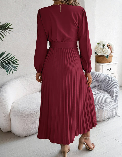 Load image into Gallery viewer, Pleated Tied V-Neck Long Sleeve Dress
