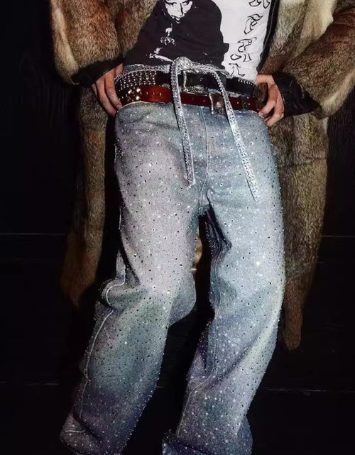 Load image into Gallery viewer, Men's Washed Rhinestone Jeans with Rhinestone Belt
