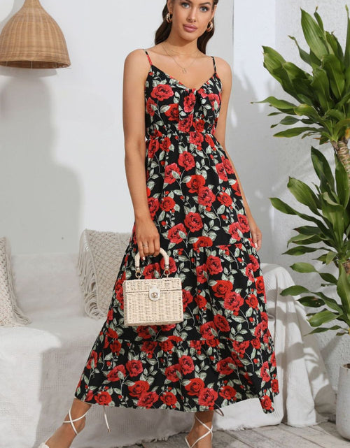 Load image into Gallery viewer, Rose Print Spaghetti Strap Sweetheart Neck Dress
