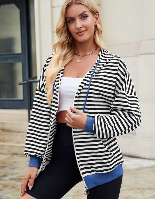 Load image into Gallery viewer, Drawstring Striped Zip Up Long Sleeve Hoodie
