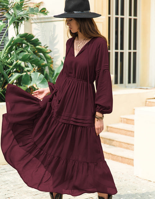 Load image into Gallery viewer, Tie Neck Long Sleeve Midi Tiered Dress
