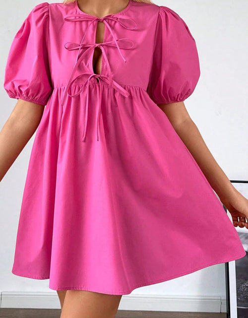 Load image into Gallery viewer, Puff Sleeve Tie Front High Waist Mini Dress
