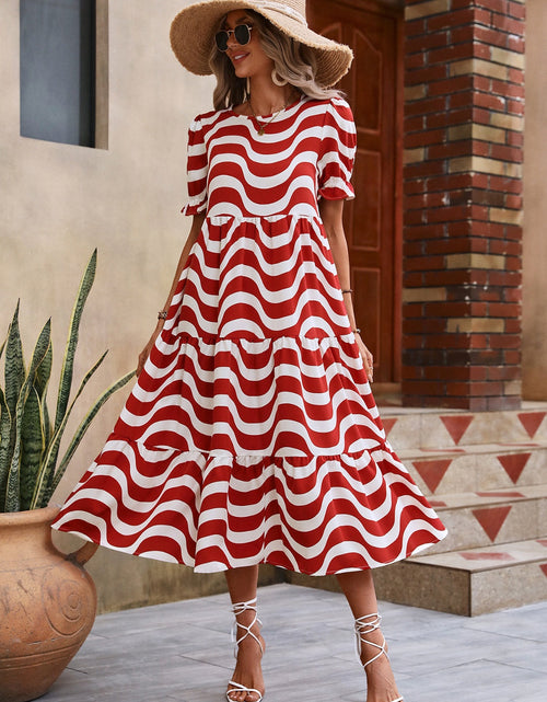 Load image into Gallery viewer, Wavy Striped Round Neck Short Sleeve Dress
