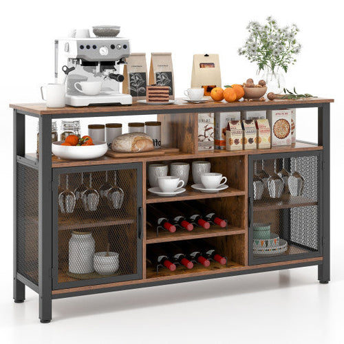Load image into Gallery viewer, 55-Inch Buffet Sideboard with 8-Bottle Wine Racks and Wine Glass Holders-Rustic Brown
