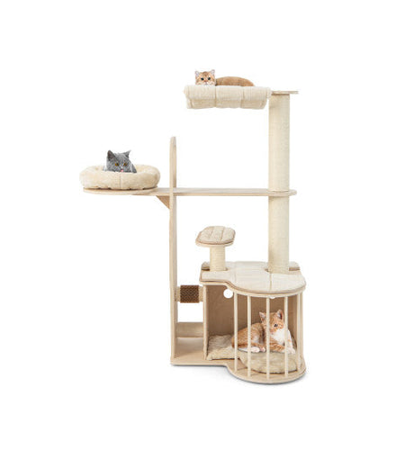 55 Inch Tall Multi-Level Cat Tree with Washable Removable Cushions-Natural
