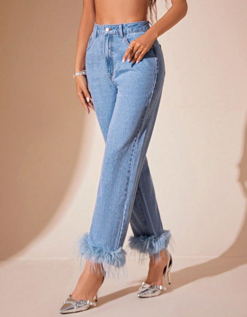 Load image into Gallery viewer, Plush Hem High Rise Straight Jeans
