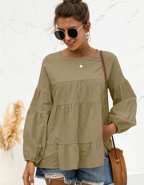 Load image into Gallery viewer, Round Neck Bubble Sleeve Tiered Blouse
