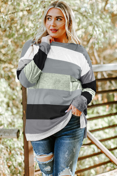 Load image into Gallery viewer, Plus Size Striped Slit Long Sleeve T-Shirt
