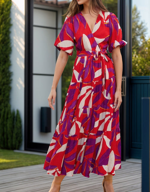 Load image into Gallery viewer, Tied Slit Printed Half Sleeve Midi Dress
