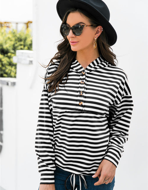 Load image into Gallery viewer, Striped Half-Button Dropped Shoulder Hoodie

