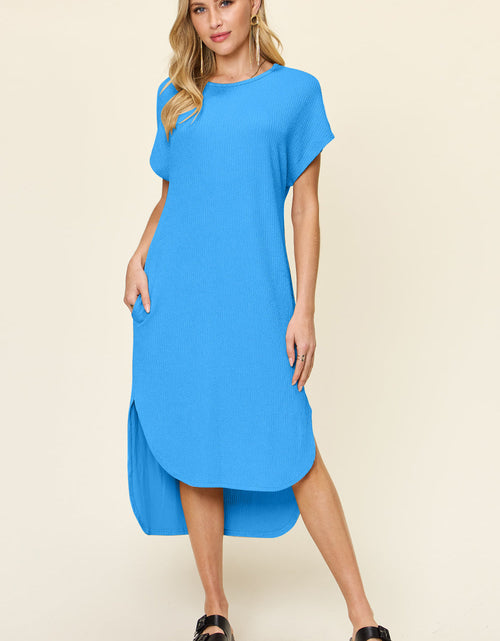 Load image into Gallery viewer, Double Take Full Size Round Neck Short Sleeve Slit Dress
