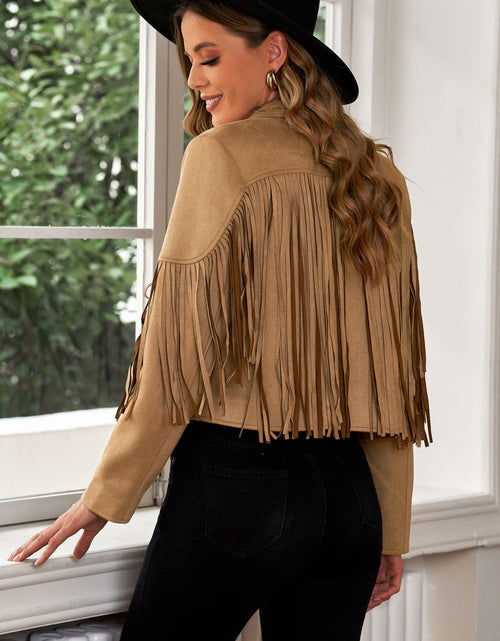 Load image into Gallery viewer, Fringe Trim Lapel Collar Cropped Blazer

