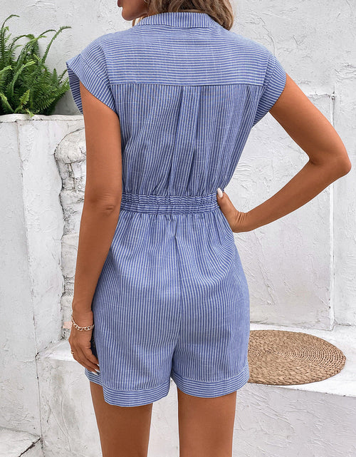 Load image into Gallery viewer, Perfee Striped Notched Tie Waist Romper
