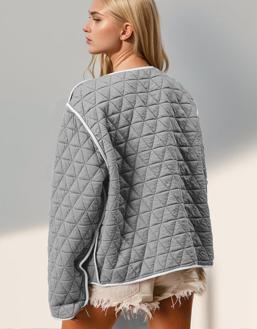 Load image into Gallery viewer, Double Take Contrast Trim Tie Front Quilted Jacket with Pockets
