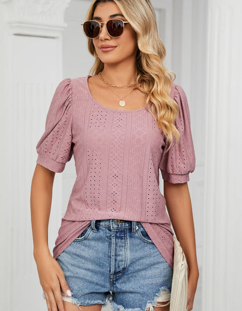 Load image into Gallery viewer, Eyelet Puff Sleeve Round Neck Top
