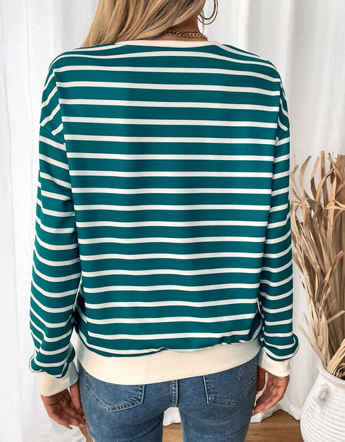 Load image into Gallery viewer, Perfee Striped Contrast Round Neck Long Sleeve Sweatshirt
