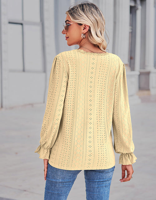 Load image into Gallery viewer, Eyelet V-Neck Flounce Sleeve Blouse
