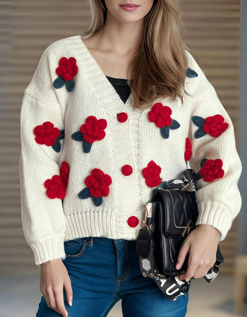 Load image into Gallery viewer, Flower Button Down V-Neck Long Sleeve Cardigan
