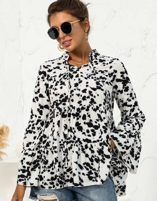 Load image into Gallery viewer, Printed Flare Sleeve Tie Neck Ruffle Trim Blouse
