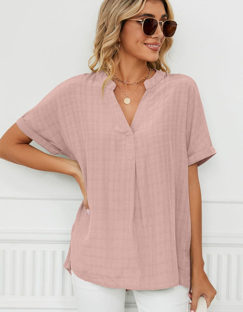 Load image into Gallery viewer, Side Slit Notched Neck Cuffed Short Sleeve Blouse

