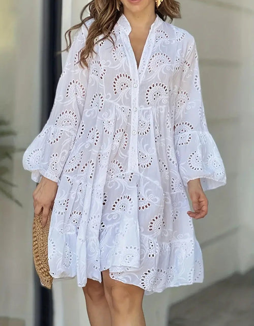 Load image into Gallery viewer, Ruffle Hem Eyelet Notched Long Sleeve Dress
