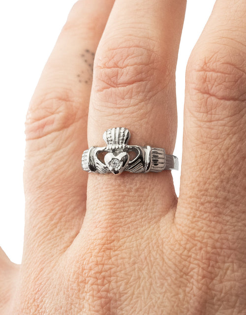 Load image into Gallery viewer, Antique Dainty Claddagh Ring Clear Swarovski Crystal 18k Irish Gold Womans Jewelry Claddagh Rings R3443 by PVD Vintage Jewelry
