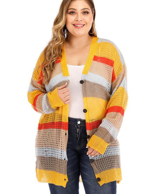 Load image into Gallery viewer, Plus Openwork Color Block Button Up Cardigan

