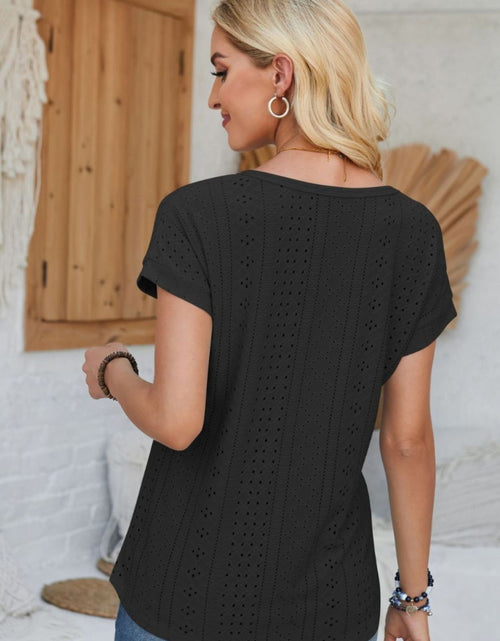 Load image into Gallery viewer, Eyelet Round Neck Rolled Short Sleeve T-Shirt
