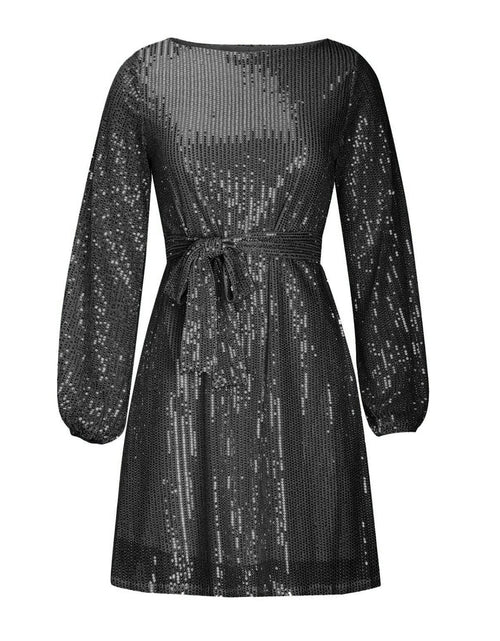 Load image into Gallery viewer, Sequin Tie Waist Long Sleeve Mini Dress
