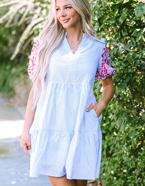 Load image into Gallery viewer, Stripe Contrast Floral Puff Sleeve Tiered Ruffle Dress by Poppy Lee Lane
