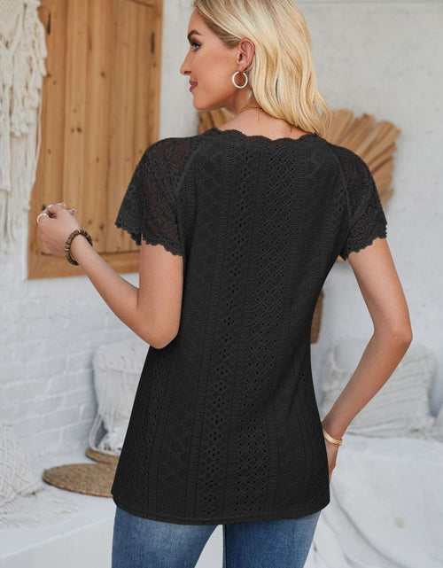 Load image into Gallery viewer, Eyelet V-Neck Lace Short Sleeve T-Shirt
