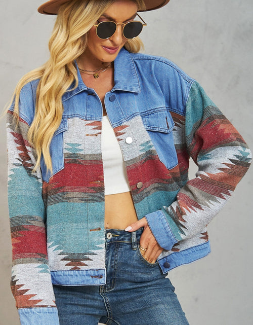 Load image into Gallery viewer, Geometric Button Up Dropped Shoulder Denim Jacket
