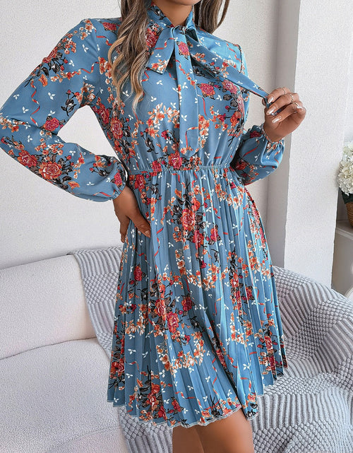 Load image into Gallery viewer, Pleated Printed Tie Neck Long Sleeve Dress
