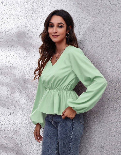 Load image into Gallery viewer, V-Neck Balloon Sleeve Peplum Blouse
