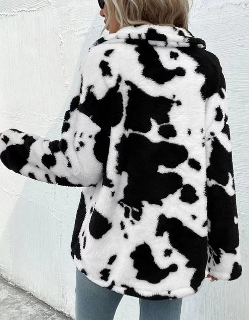 Load image into Gallery viewer, Cow Print Collared Neck Button Up Fuzzy Jacket
