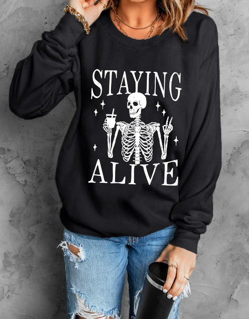 Load image into Gallery viewer, Skull Graphic Round Neck Long Sleeve Sweatshirt
