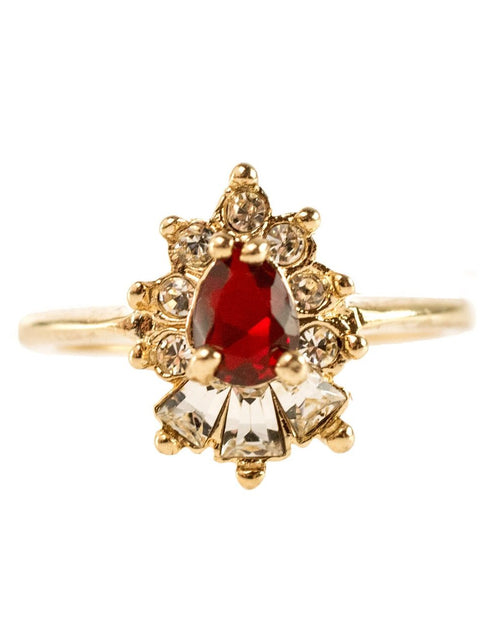 Load image into Gallery viewer, Vintage 1990's Ring Ruby and Clear Austrian Crystals 18k Yellow Gold Plated by PVD Vintage Jewelry
