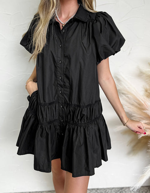Load image into Gallery viewer, Button Down Puff Sleeve Ruffle Hem Dress
