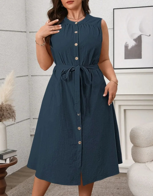 Load image into Gallery viewer, Plus Size Button Front Tie Waist Sleeveless Dress
