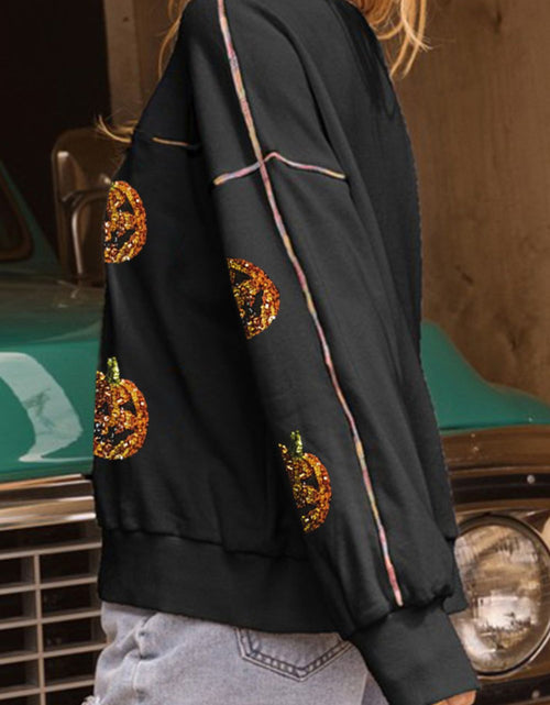 Load image into Gallery viewer, Sequin Pumpkin Round Neck Long Sleeve Sweatshirt
