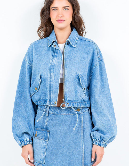 Load image into Gallery viewer, American Bazi Drawstring Waist Crop Denim Jacket
