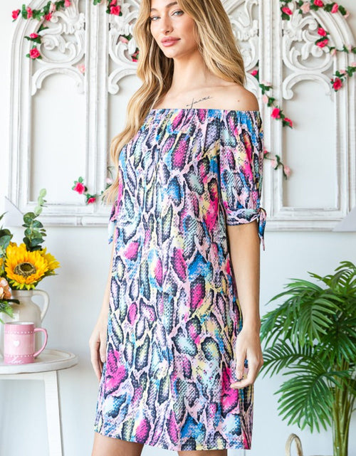 Load image into Gallery viewer, Heimish Full Size Off Shoulder Snake Mini Dress

