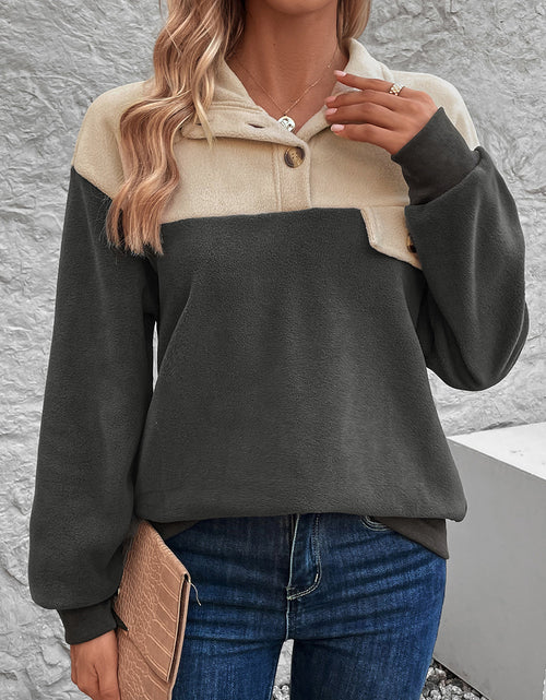 Load image into Gallery viewer, Perfee Color Block Quarter Button Dropped Shoulder Sweatshirt

