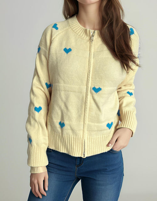Load image into Gallery viewer, Heart Round Neck Zip Up Cardigan
