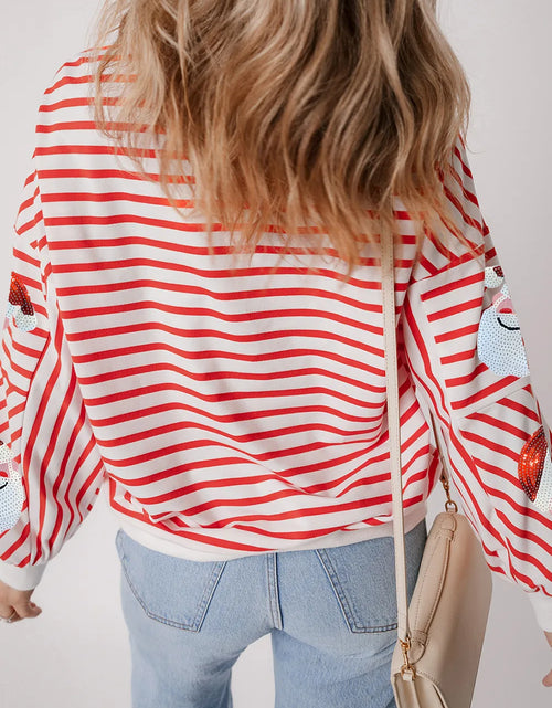 Load image into Gallery viewer, Sequin Santa Striped Round Neck Long Sleeve Sweatshirt
