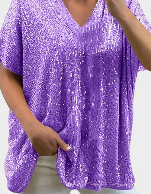 Load image into Gallery viewer, Full Size Sequin V-Neck Short Sleeve Top

